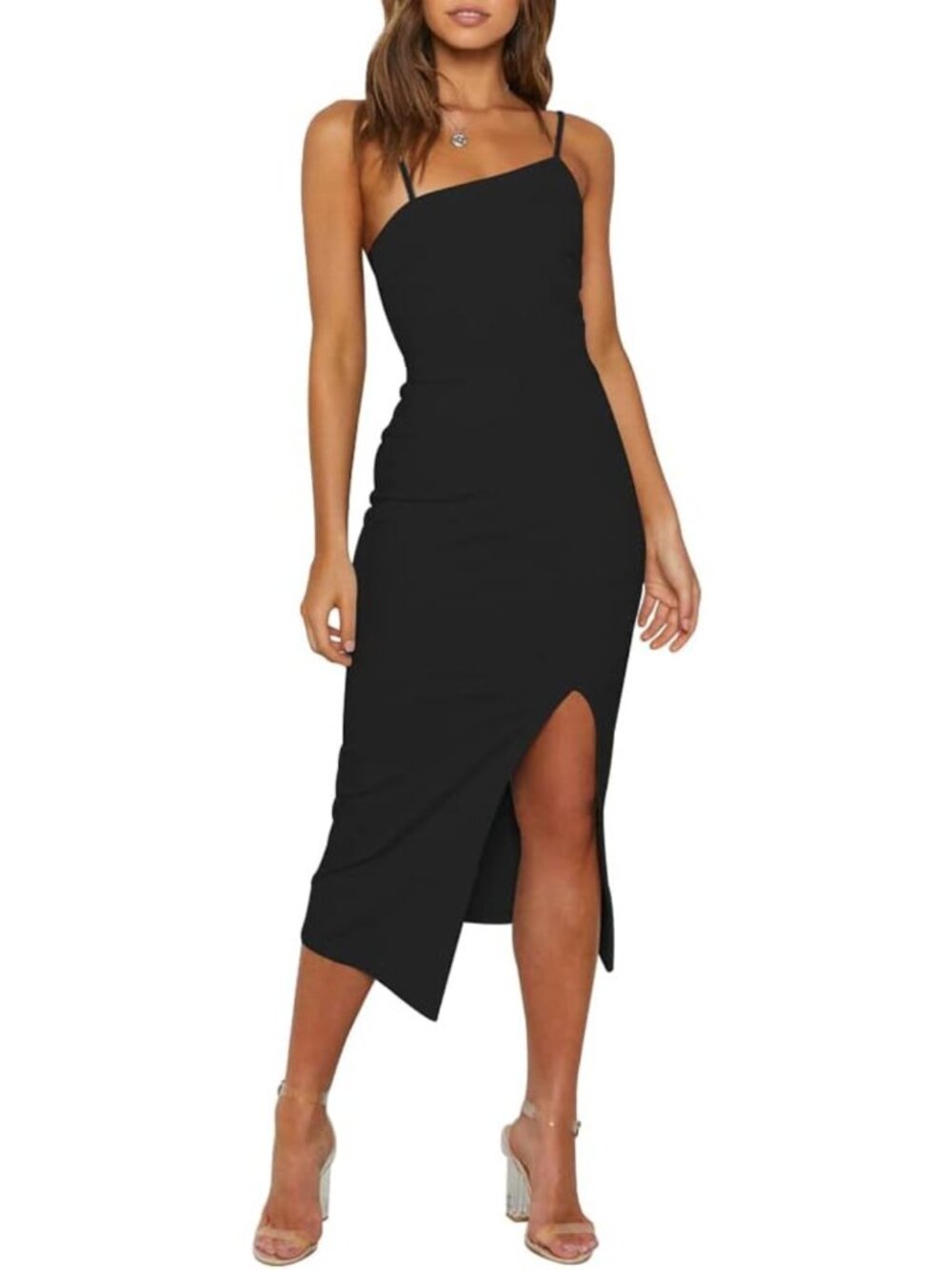 Chic Women's Spaghetti Strap Bodycon Midi Dress for Wedding Guests & Events